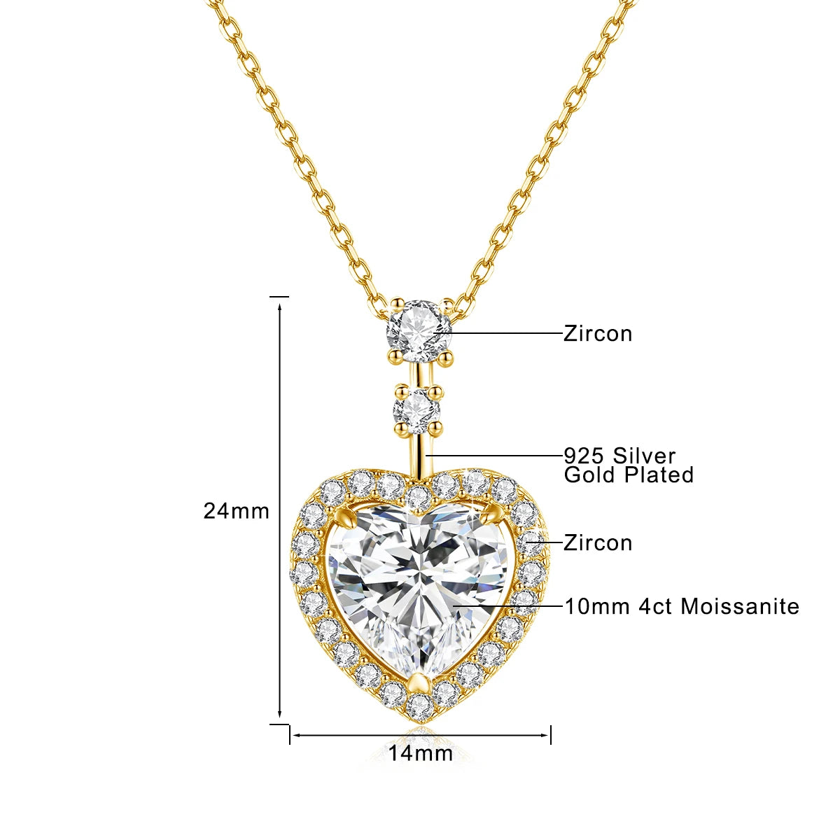 Collar Mujer Corazón Halo de Moissanita en Plata 925 – Baño de Oro, Oro Rosa u Oro Blanco