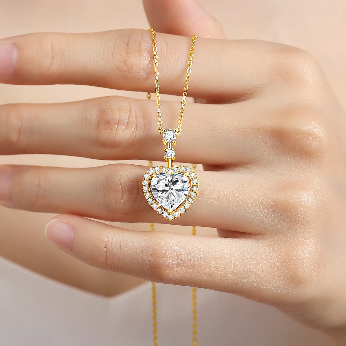 Collar Mujer Corazón Halo de Moissanita en Plata 925 – Baño de Oro, Oro Rosa u Oro Blanco
